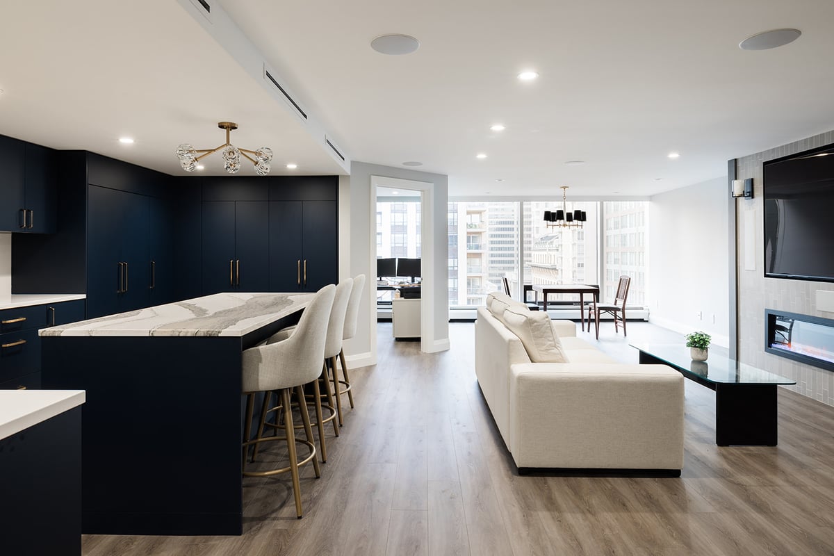 Luxury downtown Toronto condo renovation open-concept living room space and kitchen by Golden Bee Condos