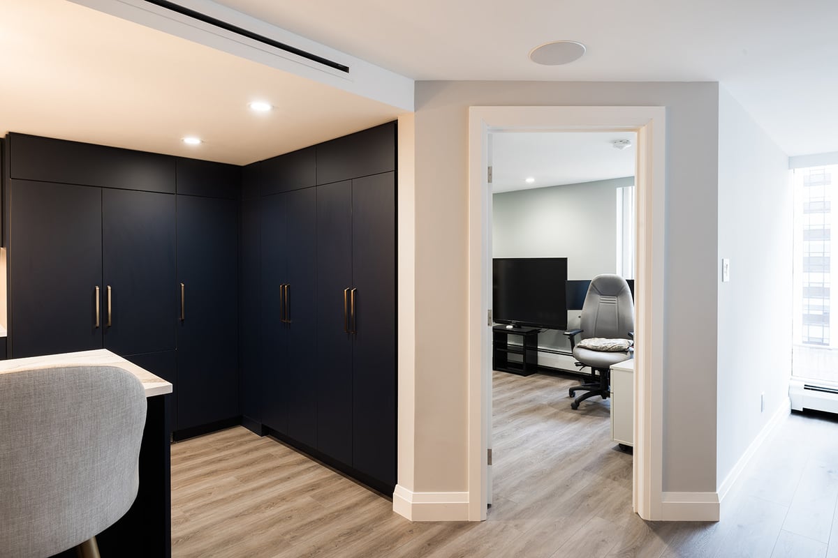 View of door opening to flex room in full condo renovation in downtown Toronto by Golden Bee Condos