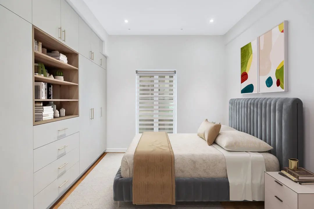Toronto condo bedroom renovation with custom open shelving and cabinetry by Golden Bee Condos
