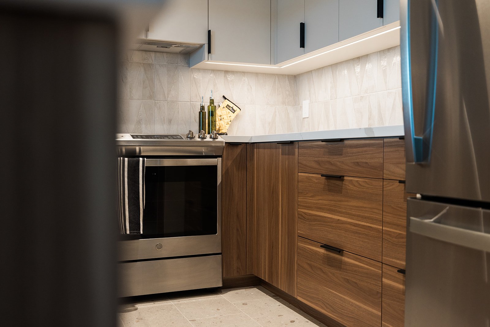 Flat panel modern wood cabinets in GTA condo kitchen renovation