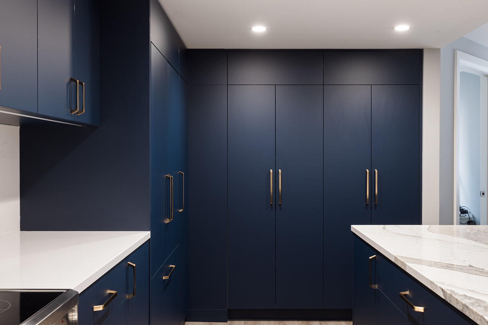 Floor-to-ceiling dark blue flat panel cabinets in downtown Toronto luxury condo kitchen renovation